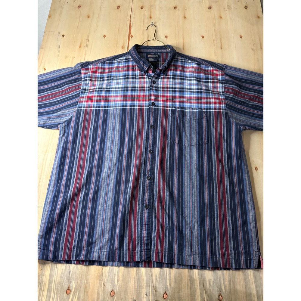 Vintage Faded Glory Mens 2XL Navy Blue Striped Plaid Short Sleeve Button Down